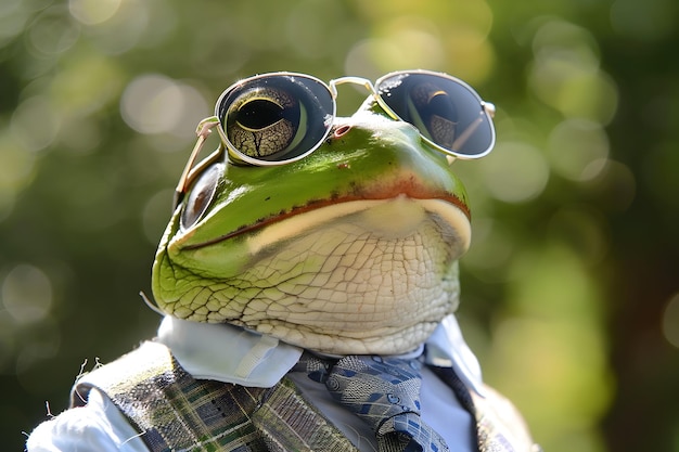 Glimlachende kikker met zonnebril en formele kleding in een grappig meme waardig portret