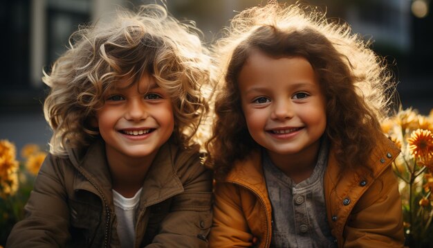 Glimlachende kinderen genieten buiten van de natuur en creëren vrolijke jeugdherinneringen gegenereerd door kunstmatige intelligentie