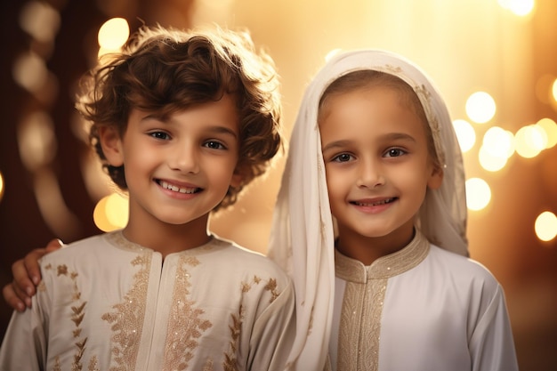 Glimlachende kinderen in traditionele EidalAdha Generative ai