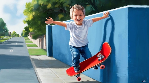 Glimlachende kleine jongen in wit T-shirt met skateboard op blauwe muur