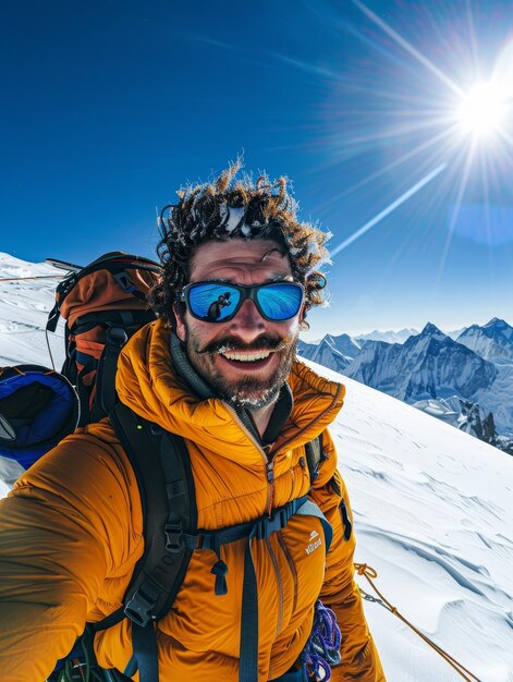 Glimlachende klimmer in een geel jasje op een besneeuwde bergtop die de heldere lucht en het ruige terrein op een prachtige dag vasthoudt