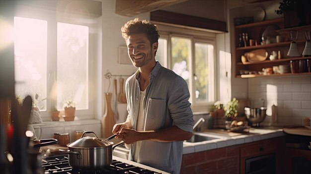 Glimlachende knappe jonge man die in de keuken kookt.