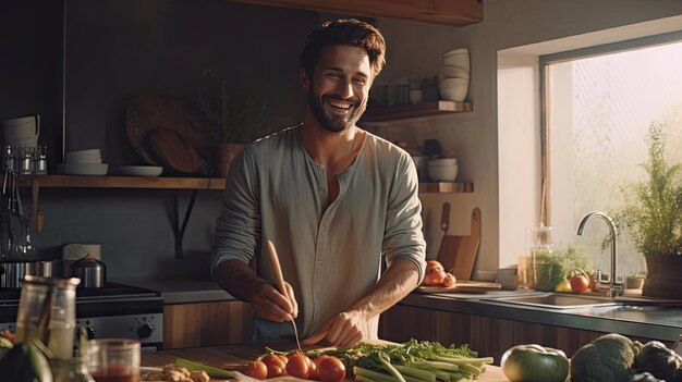 Glimlachende knappe jonge man die in de keuken kookt.