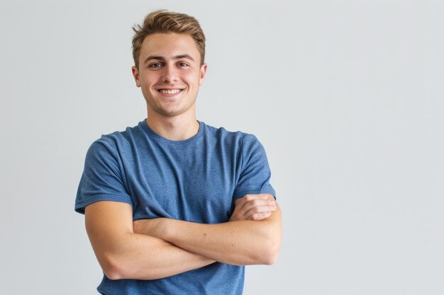 Glimlachende knappe jonge man in T-shirt met gekruiste armen op witte achtergrond