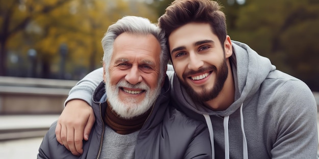 Glimlachende knappe jongeman in een grijze hoodie die zijn grijsharige vader al jaren omhelst en hem aanmoedigt