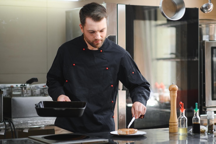 Foto glimlachende kok in zijn keuken