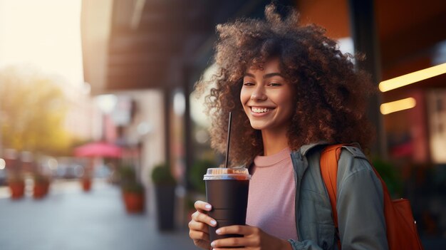 Foto glimlachende krullendharige vrouw in casual jas geniet van verse detox groenten smoothie stralende vreugde hij