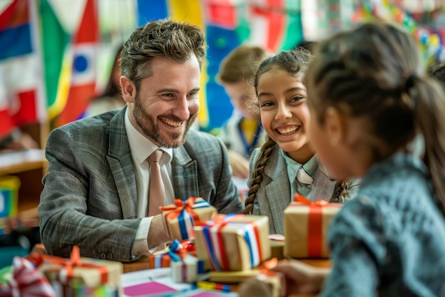 Glimlachende leraar viert multiculturele festival met vrolijke studenten in de klas