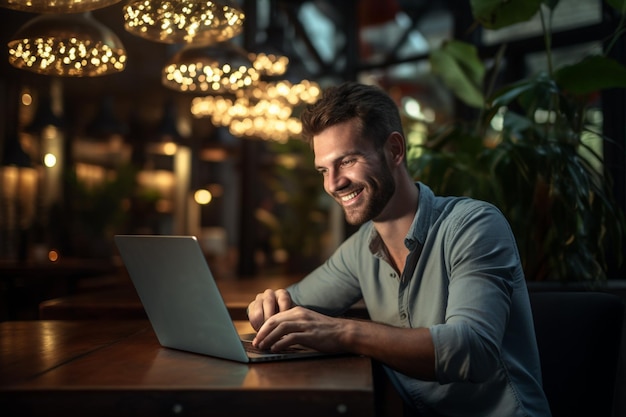 Glimlachende man die aan een laptop werkt met een laptop met Generative AI