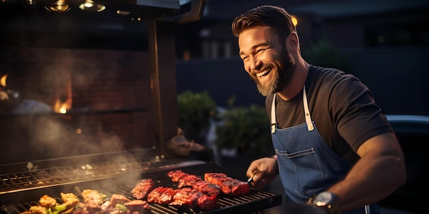 Glimlachende man die geniet van een buitenbarbecuefeest en heerlijk eten grilt, casual zomeravond, levensstijlportret AI verzamelt