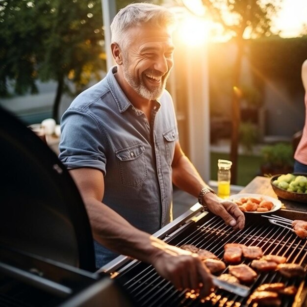 glimlachende man die vlees op de grill kruidt