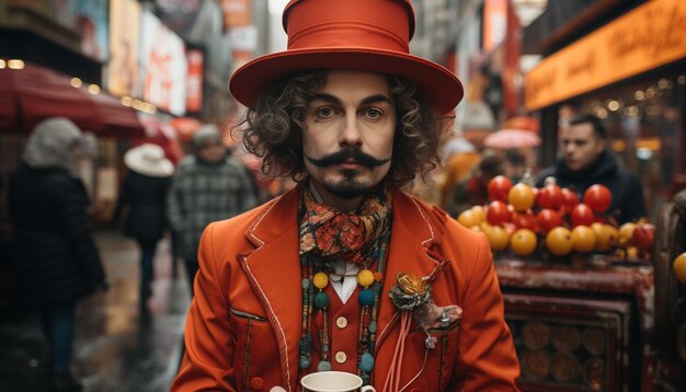 Foto glimlachende man geniet van koffie in een openlucht café in de stad gegenereerd door kunstmatige intelligentie