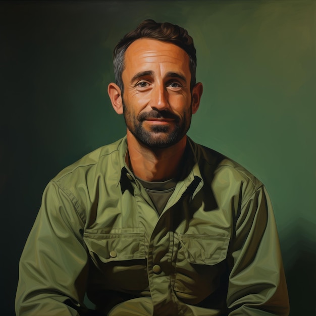 Foto glimlachende man in militair hemd redactionele illustratie met nauwkeurige schilderkunst