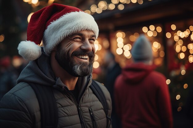 Glimlachende man met baard op kerstmarkt Generatieve AI