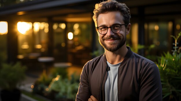 glimlachende man met bril en baard die voor een huis staat Genatieve AI