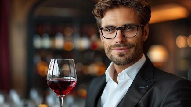 Foto glimlachende man met een glas rode wijn in een elegante omgeving