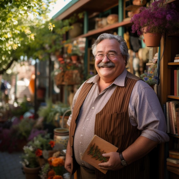 Glimlachende man met een snor die een vest draagt en een boek vasthoudt in een boekwinkel