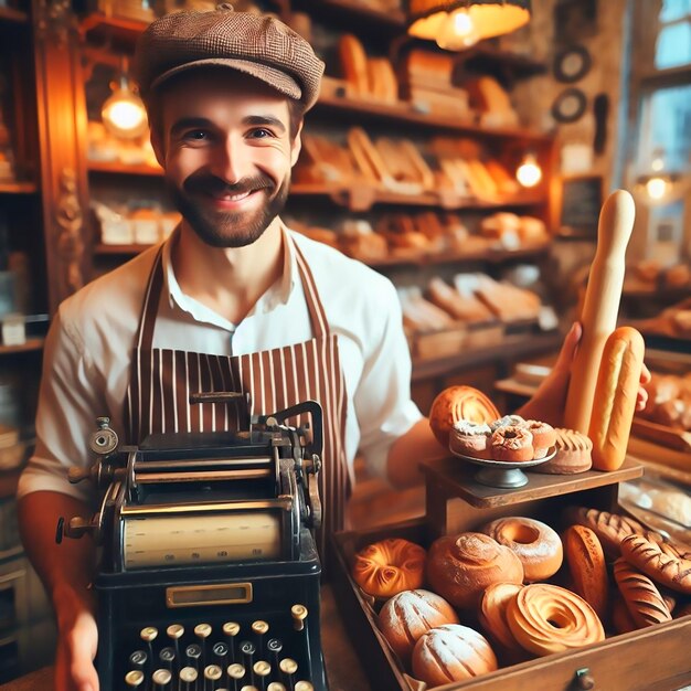 Foto glimlachende man met hoed en wit hemd in bakkerij en uit focus achtergrond