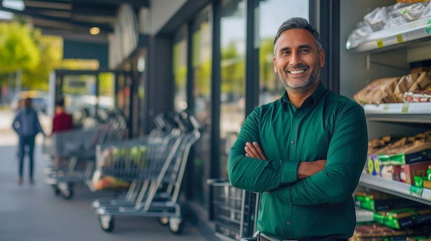 Glimlachende man staat hoog voor zijn supermarkt