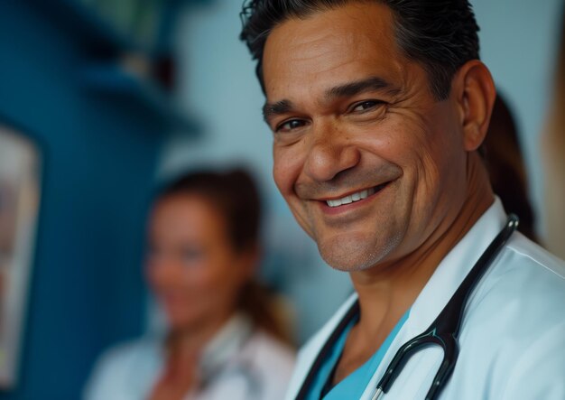 Glimlachende mannelijke arts van middelbare leeftijd met stethoscoop in de kliniek