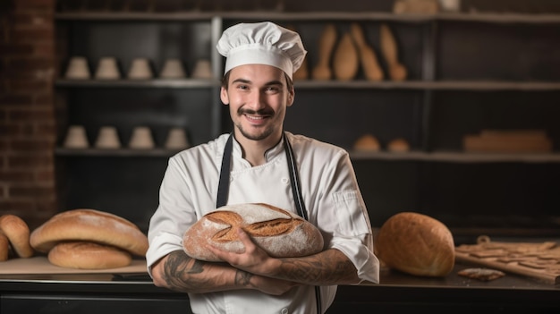 Glimlachende mannelijke bakker die gebakken brood houdt Generatieve AI AIG21