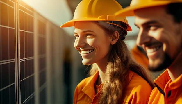 Glimlachende mannelijke en vrouwelijke elektrotechnici in oranje petten en veiligheidsschoenen lopen rond in een zonnepaneelfaciliteit, pratend en kijkend naar het werk Achtergrond van zonnepanelen AI Generatief