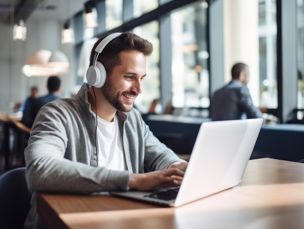 Glimlachende mannelijke kantoormedewerker met koptelefoon voor de laptop die aan het werken is en een videogesprek voert