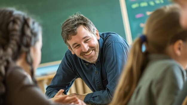 Glimlachende mannelijke leraar die met jonge studenten in de klas praat