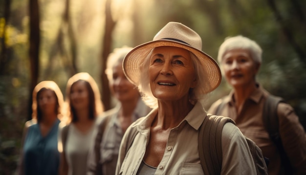 Glimlachende mannen en vrouwen genieten samen van de natuur, gegenereerd door AI