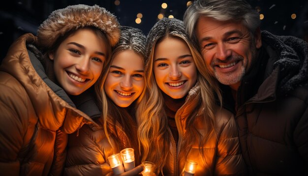 Foto glimlachende mannen en vrouwen omarmen het genieten van de winter vrolijke saamhorigheid gegenereerd door ai