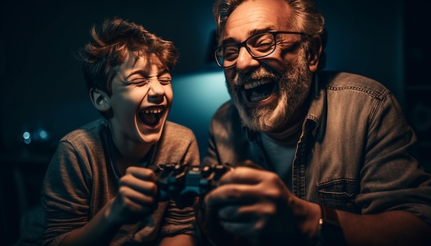 Glimlachende mannetjes genieten van videogames met vreugde gegenereerd door AI
