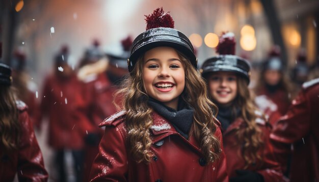 Foto glimlachende meisjes vieren de winter buiten en omarmen vreugde en vriendschap gegenereerd door ai.