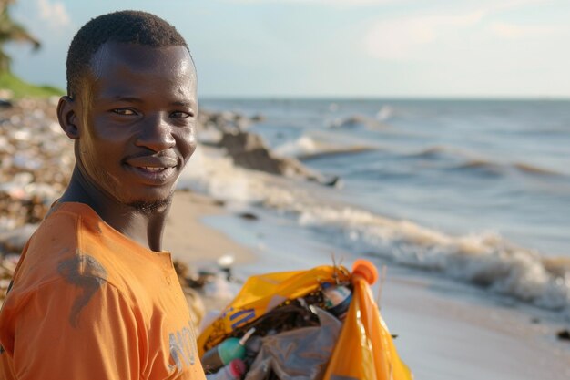 Glimlachende milieuwerker die het strand schoonmaakt met AI gegenereerd