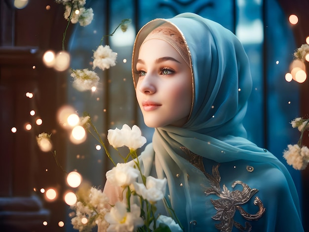 Glimlachende mooie moslimvrouw in hijab met bloemen eid mubarak ramadan concept