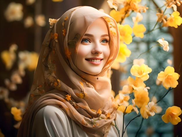 Glimlachende mooie moslimvrouw in hijab met bloemen eid mubarak ramadan concept