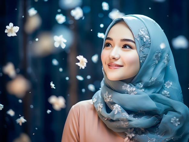 Glimlachende mooie moslimvrouw in hijab met bloemen eid mubarak ramadan concept