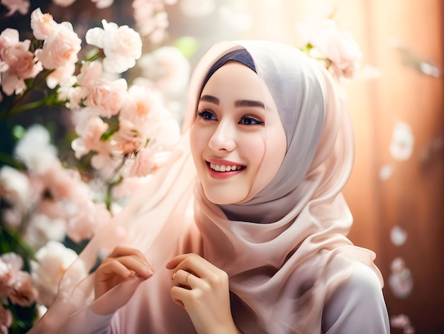 Glimlachende mooie moslimvrouw in hijab met bloemen eid mubarak ramadan concept