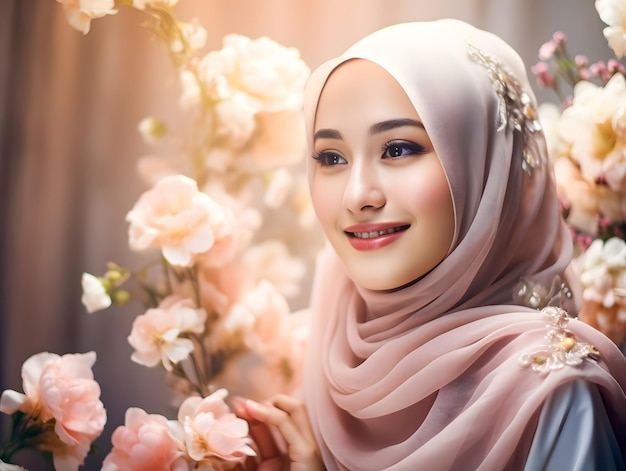 Glimlachende mooie moslimvrouw in hijab met bloemen eid mubarak ramadan concept