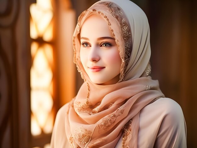 Glimlachende mooie moslimvrouw in hijab met lichten bokeh eid mubarak Ramadan concept