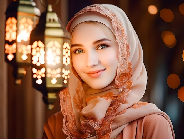 Glimlachende mooie moslimvrouw in hijab met lichten bokeh eid mubarak Ramadan concept