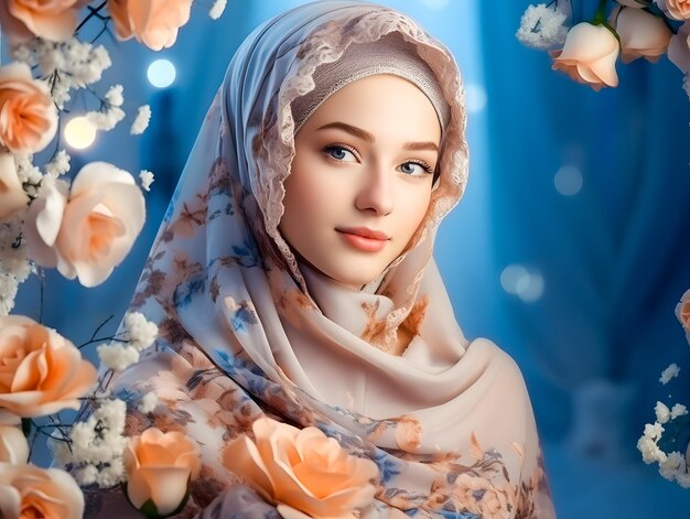 Glimlachende mooie moslimvrouw in hijab met lichten bokeh eid mubarak Ramadan concept