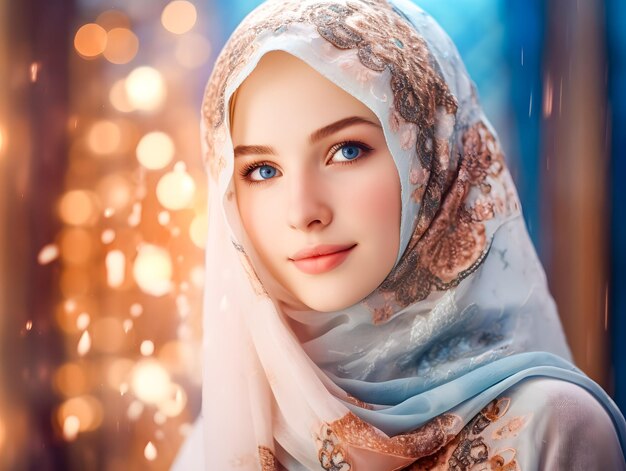 Glimlachende mooie moslimvrouw in hijab met lichten bokeh eid mubarak Ramadan concept