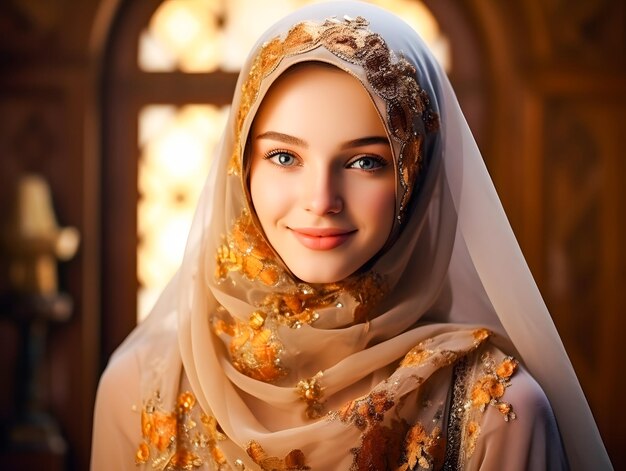 Foto glimlachende mooie moslimvrouw in hijab met lichten bokeh in de moskee eid mubarak ramadan concept