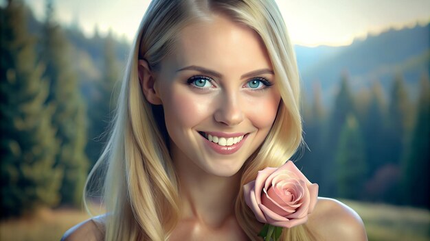 Foto glimlachende mooie vrouw met lang blond haar.