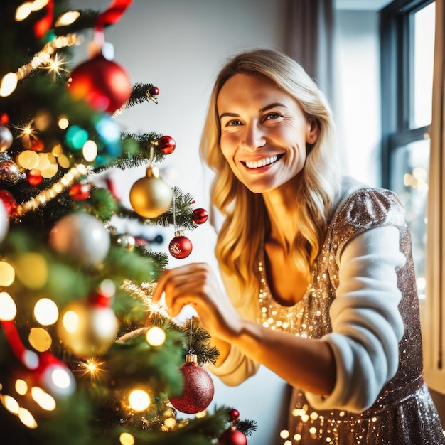 Glimlachende mooie vrouw thuis, kerstboom versieren, vrouw in sprankelende jurk.