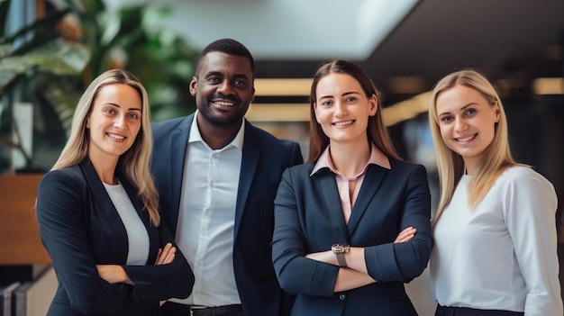 Glimlachende multiraciale zakencollega's in de lobby.