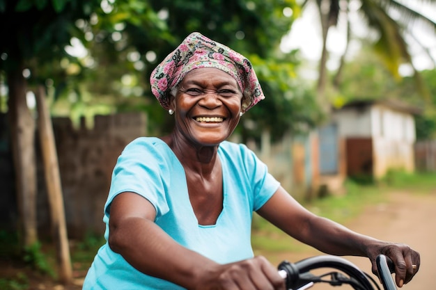 Foto glimlachende oma die in de illustratie van ai van de zomerscène fietsen