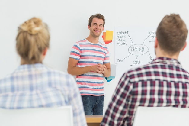 Glimlachende ontwerper die ideeën voorstelt aan collega&#39;s