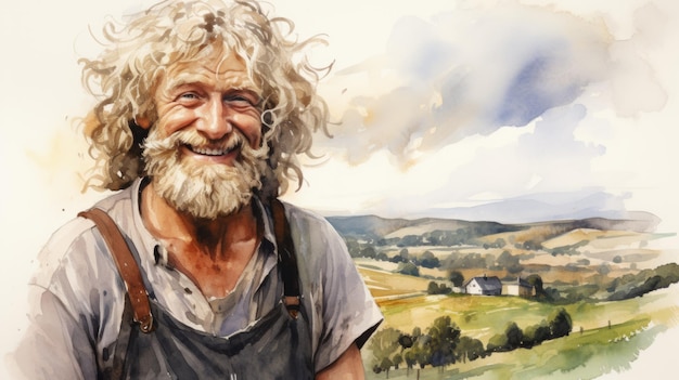 Glimlachende oude blanke man met blond krullend haar aquarel illustratie