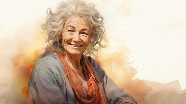 Glimlachende oude Perzische vrouw met blond krullend haar aquarel illustratie portret van casual persoon op witte achtergrond met kopieerruimte fotorealistische Ai gegenereerde horizontale illustratie